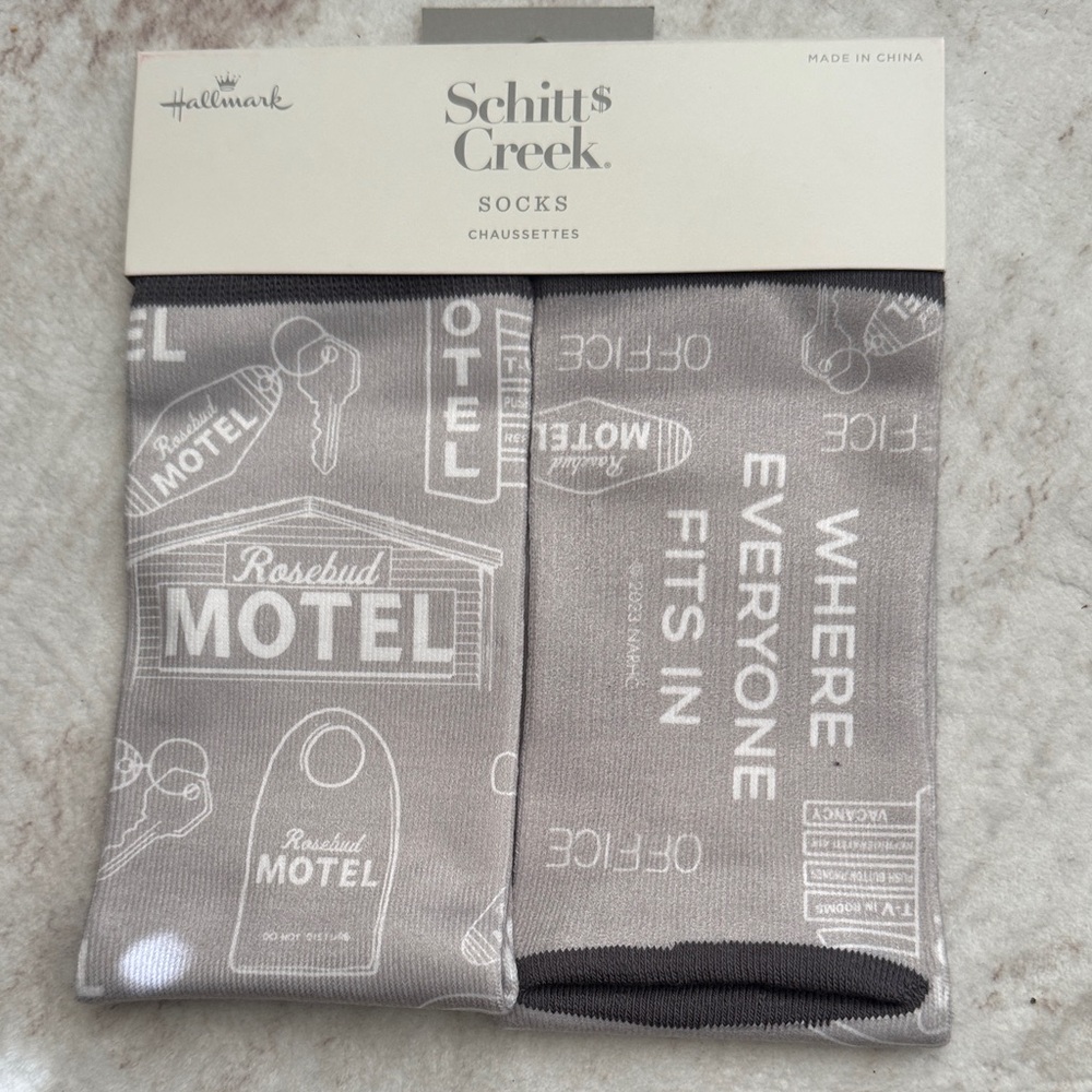 Hallmark Schitt's Creek Rosebud Motel Gray Crew Socks